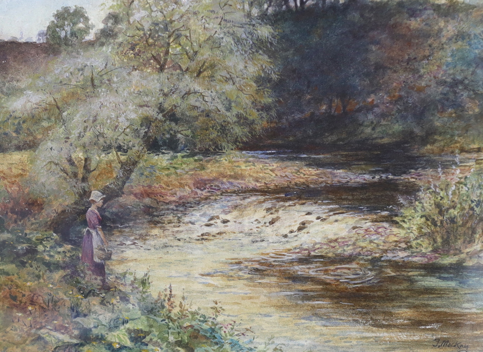 James Millar Mackay (1863-1936), watercolour, Woman beside a stream, signed, 17.5 x 24cm